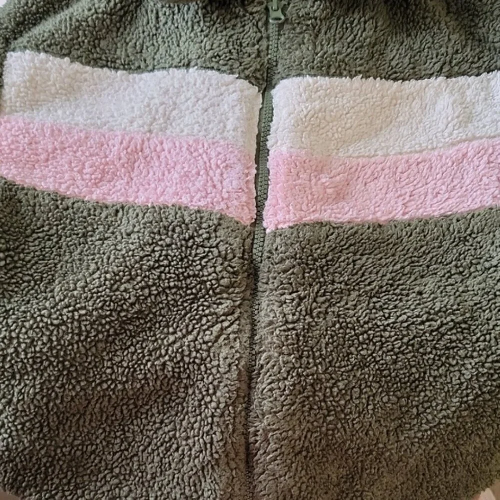 wonder nation Girls Jacket Faux Sherpa XL 14-16 White Pink Stripe Olive Green